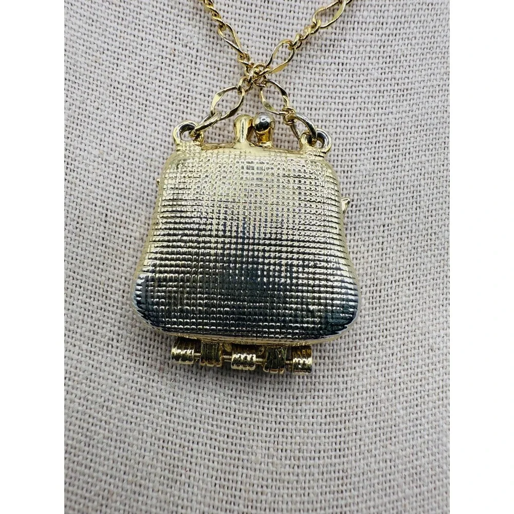 Gold Tone Purse‎ Locket Necklace Black Enamel Rhinestone Hinged Art Deco Style